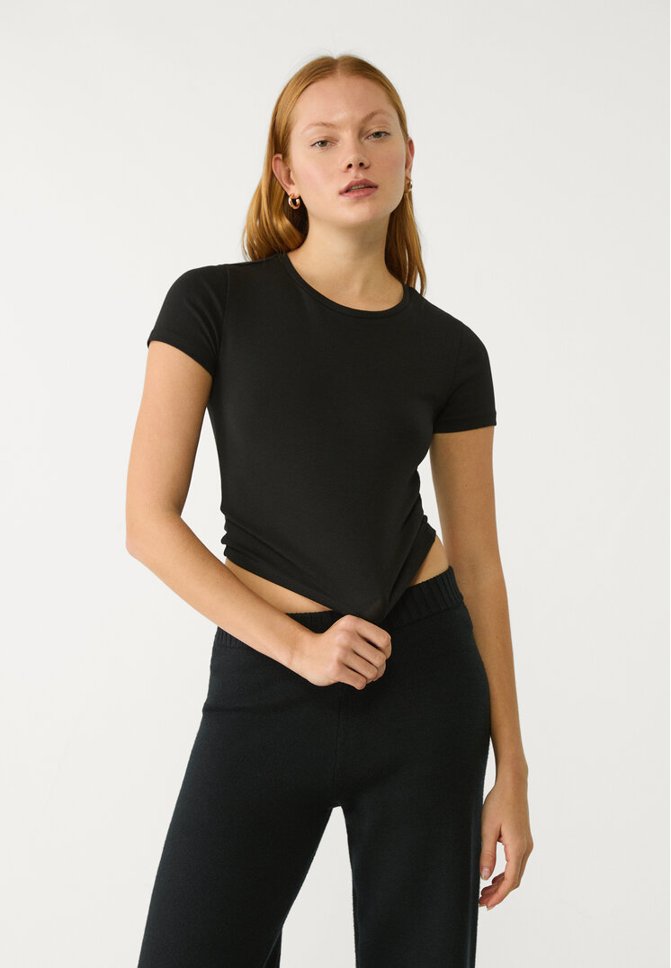 Stradivarius Tricou Cropped Din Bumbac Cu Mânecă Scurtă Negru L