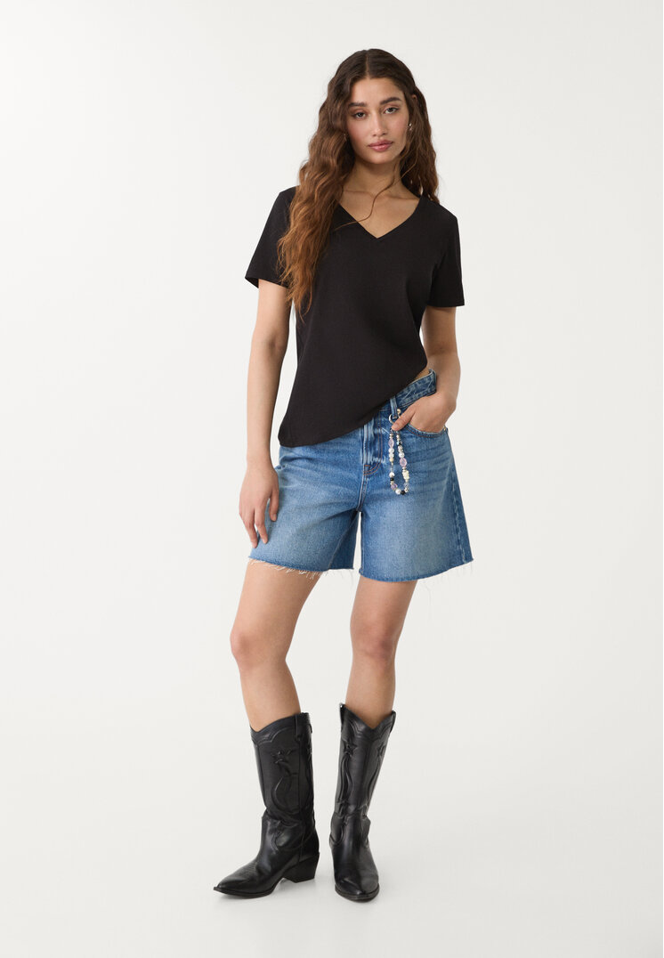 Stradivarius Tricou Simplu Cu Guler În V Negru Xl