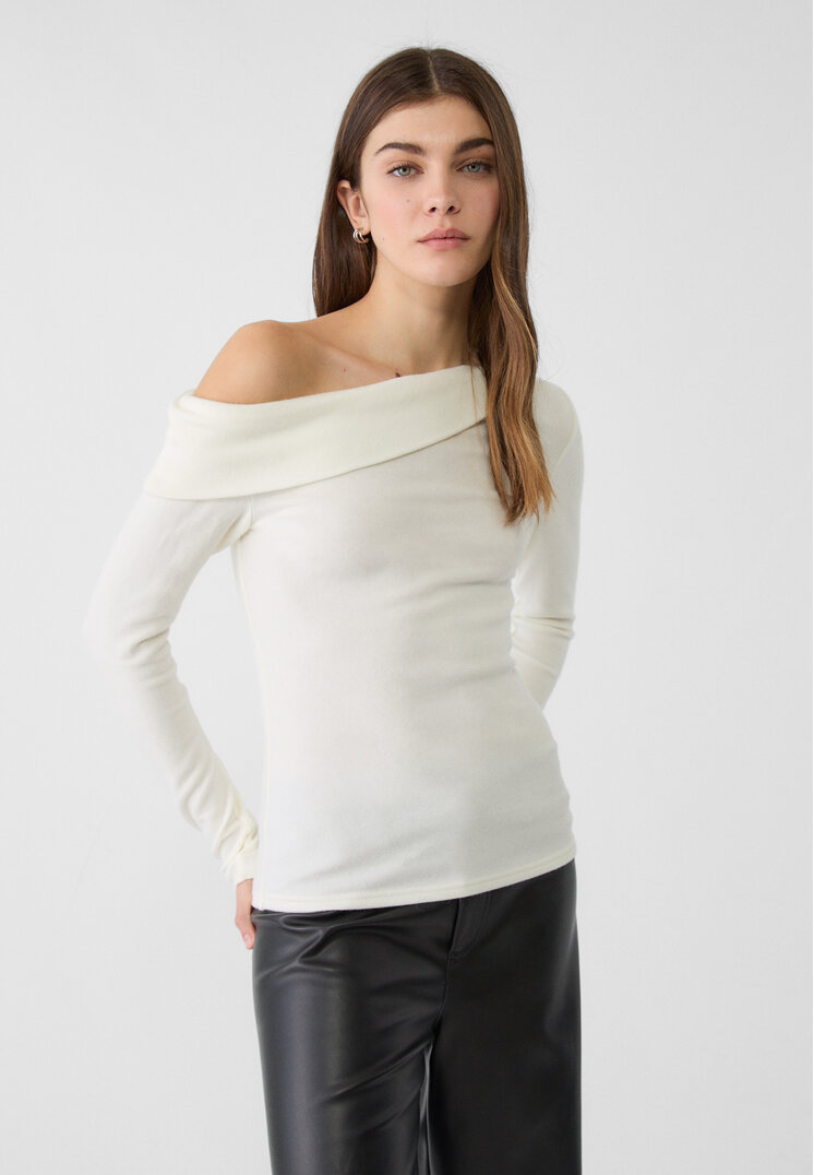 Stradivarius Tricou Asimetric Din Tricot Ecru Xl