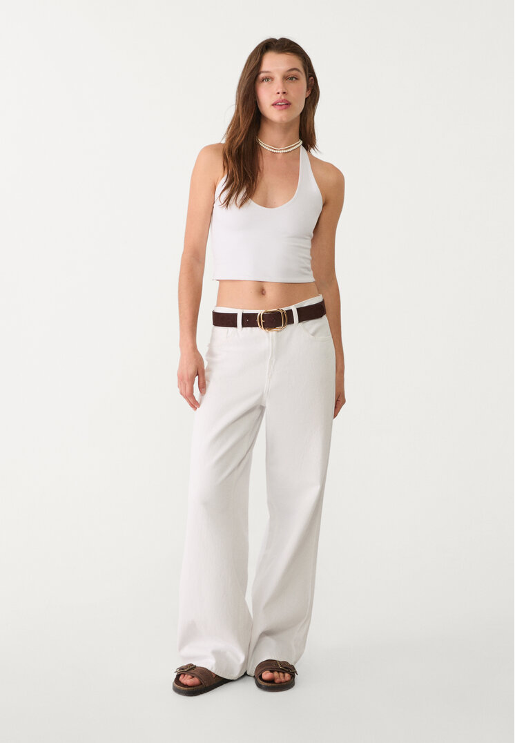 Stradivarius Top Scurt Halter Alb Xl
