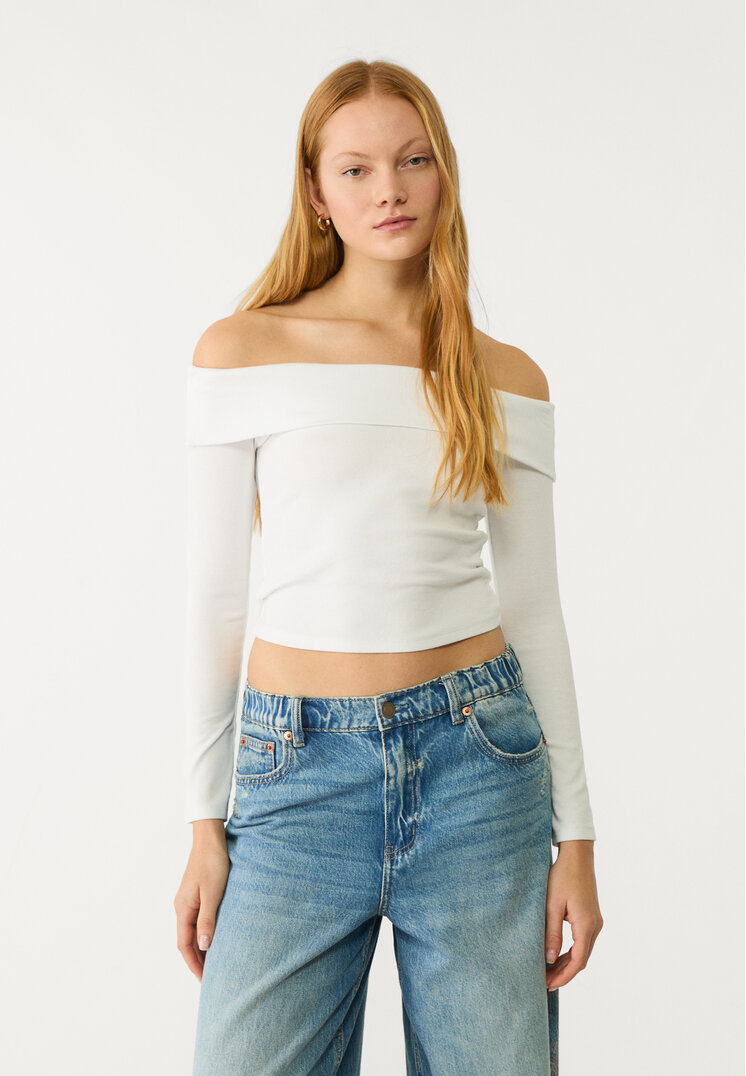 Stradivarius Tricou Cu Umeri Goi Alb Xs
