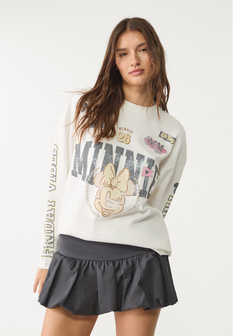 Stradivarius Tricou Cu Mânecă Lungă Și Minnie Ecru Xs