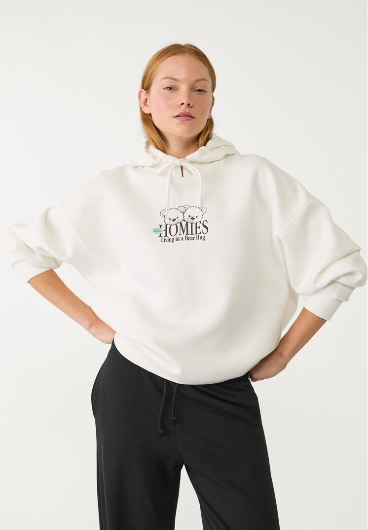 Stradivarius Hanorac Cu Glugă Și Imprimeu Ecru Xl