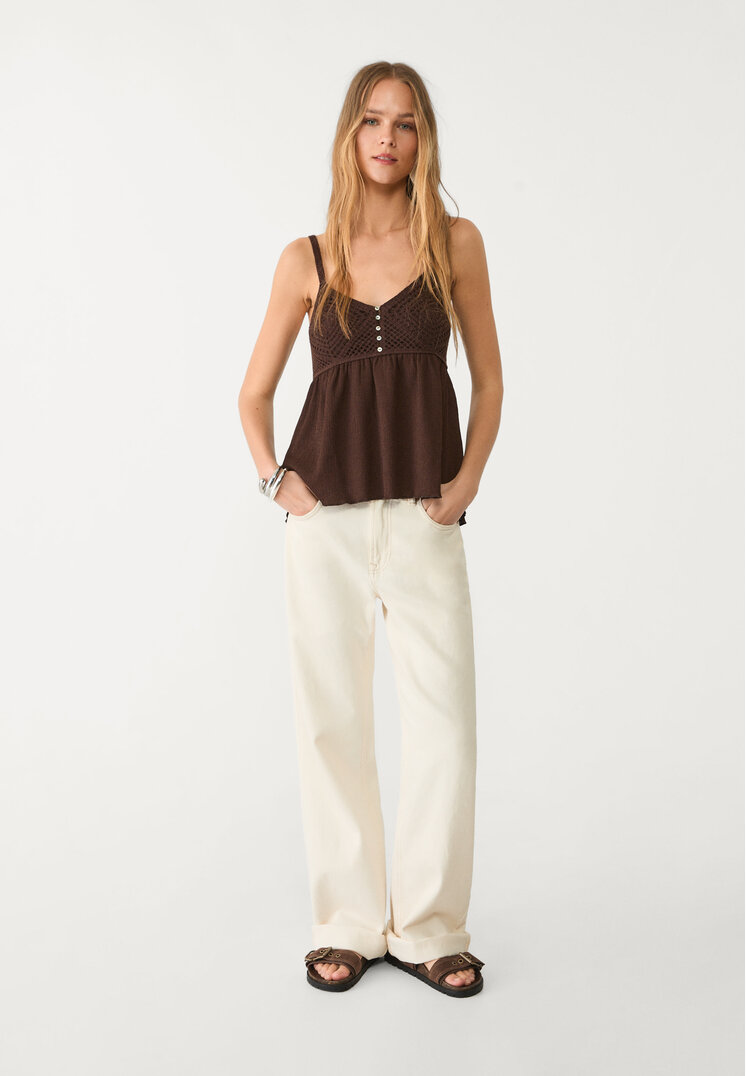 Stradivarius Top crochet volant Marrone L