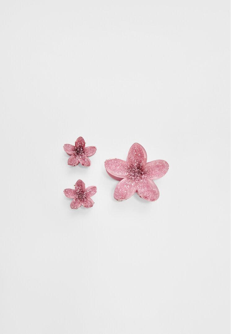 set 3 pinzas flor brillos