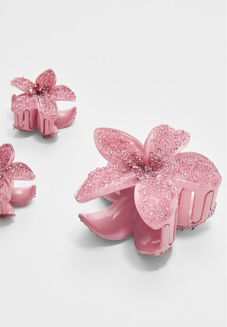 set 3 pinzas flor brillos