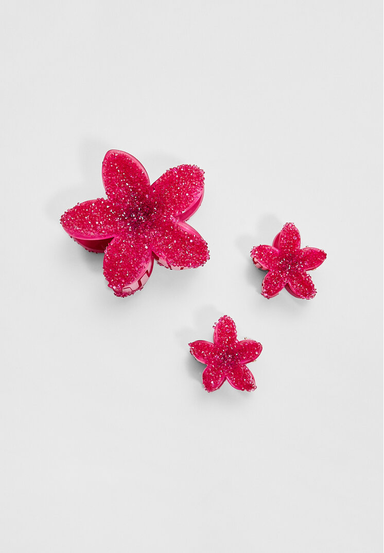 Stradivarius Set De 3 Agrafe Cu Floare I Detalii Strălucitoare Fucsia Os