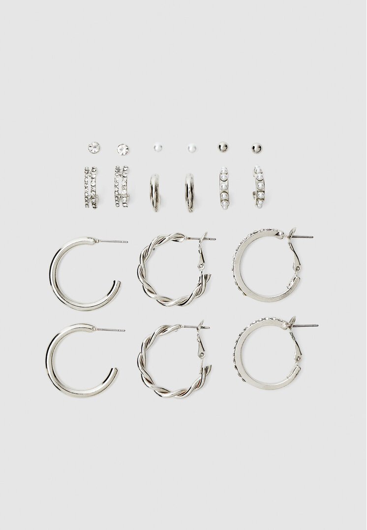 Stradivarius Set De 9 Perechi De Cercei Creole Cu Strasuri Și Perle Gri Os