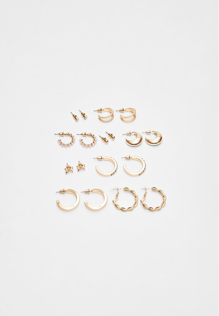Stradivarius Set 9 Perechi De Cercei Cu Fundă Și Perle False Auriu Os