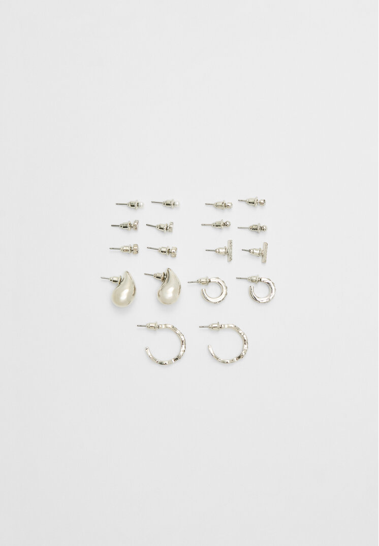 Stradivarius Set De 9 Perechi De Cercei Cu Lacrimă Mică Gri Os