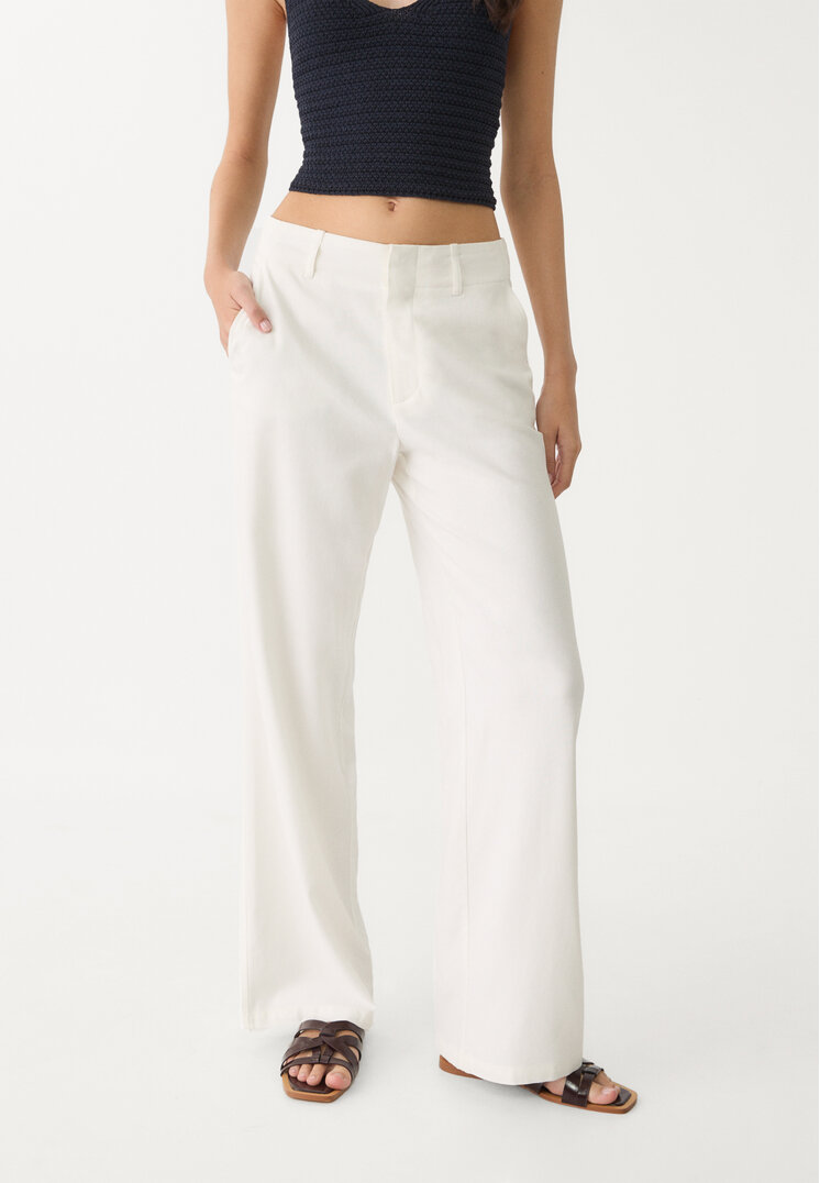 pantalon recto fluido con lino rayas