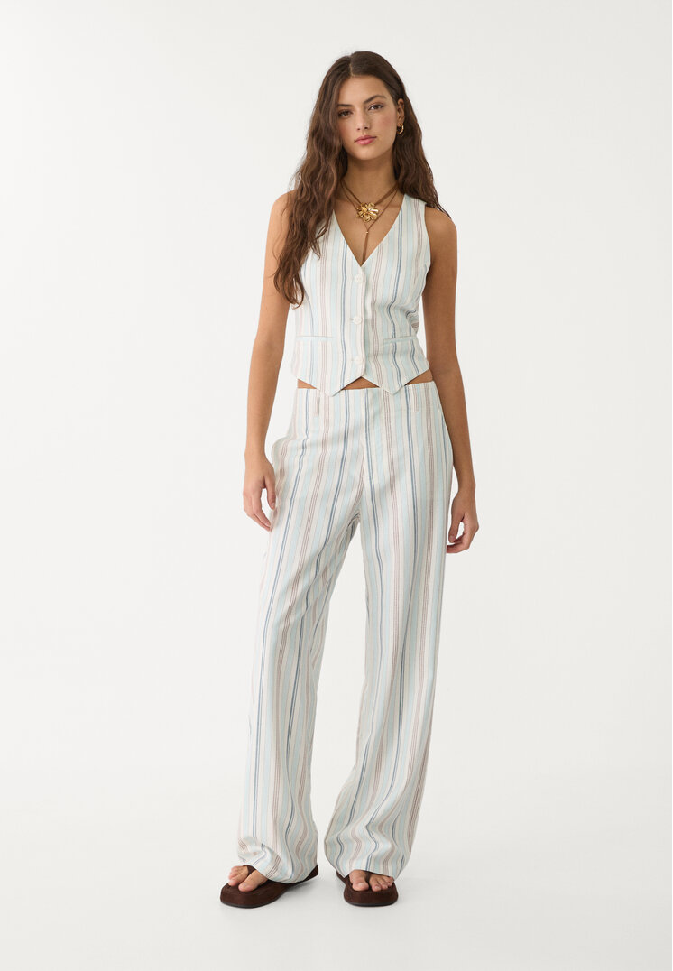 pantalon recto fluido con lino rayas