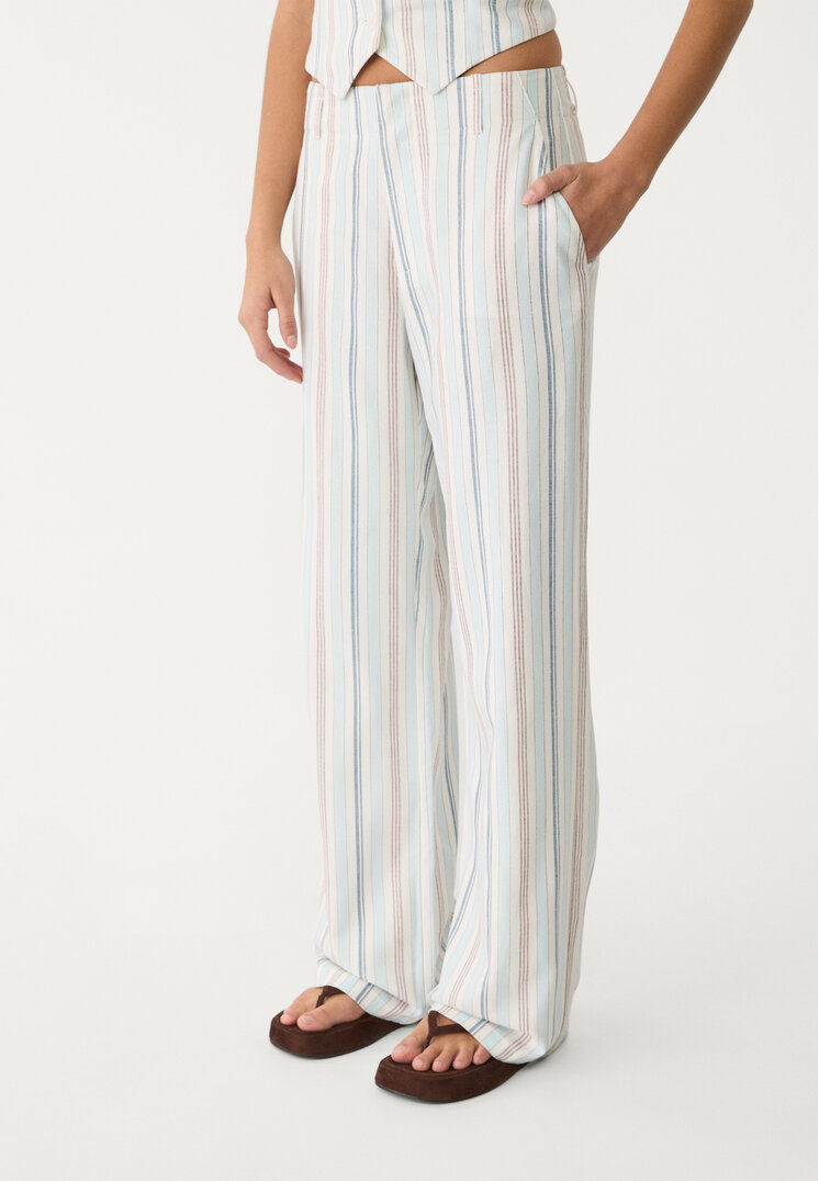 pantalon recto fluido con lino rayas