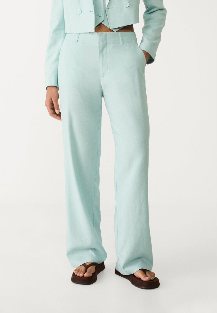 pantalon recto fluido con lino rayas