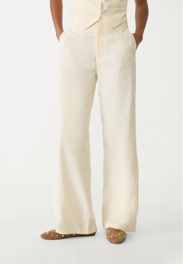 pantalon recto fluido con lino rayas