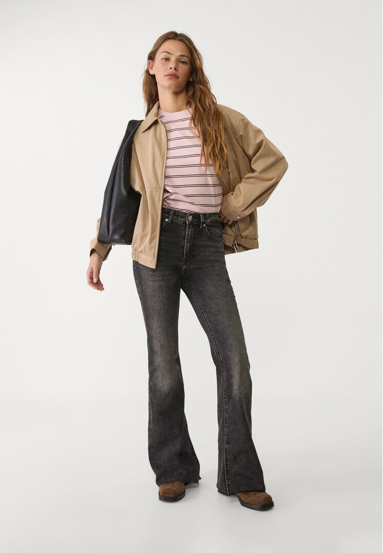 Stradivarius Blugi Evazați Slit Denim Negru 36