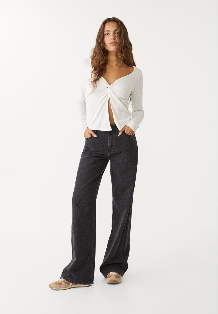 Stradivarius Blugi Straight Fit Cu Strasuri Denim Negru 44