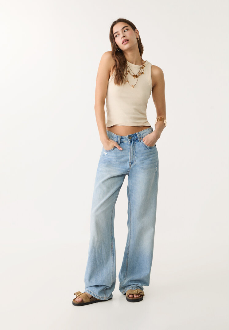 Stradivarius D92 Straight Wide Denim Albastru Deschis Mediu 42