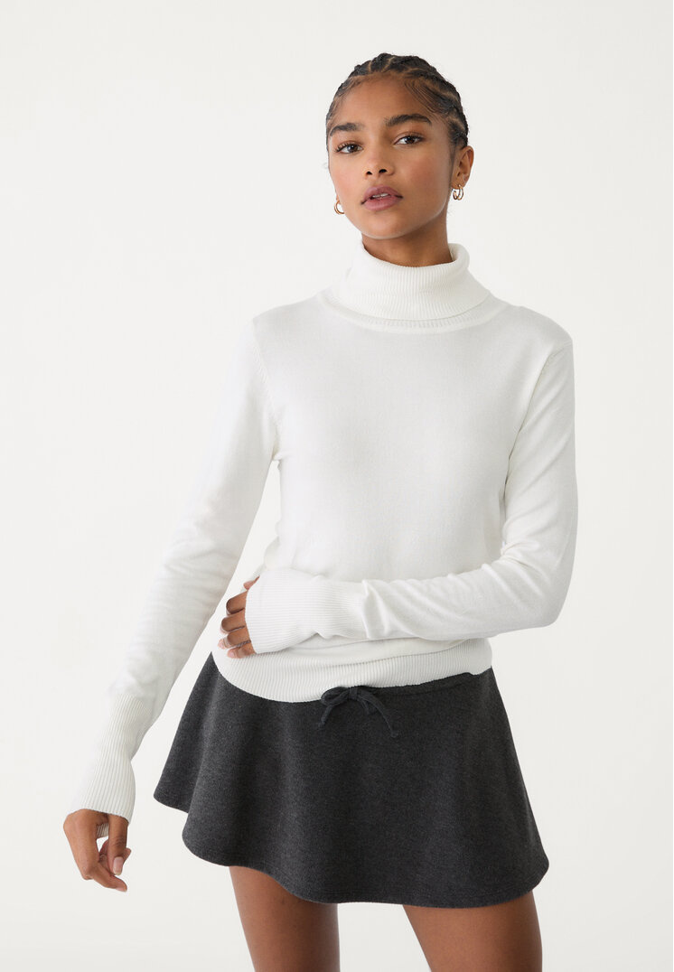 Stradivarius Pulover Din Tricot Cu Guler Întors Ecru L