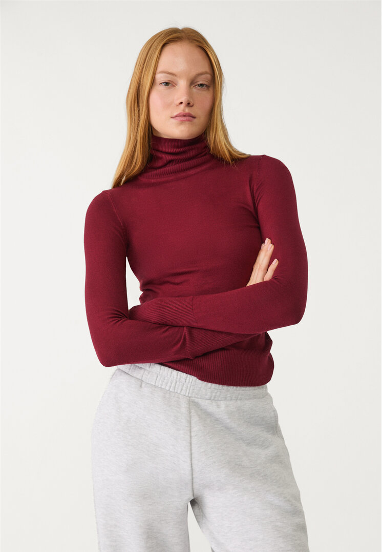 Stradivarius Pulover Din Tricot Cu Guler Întors Grena Xs