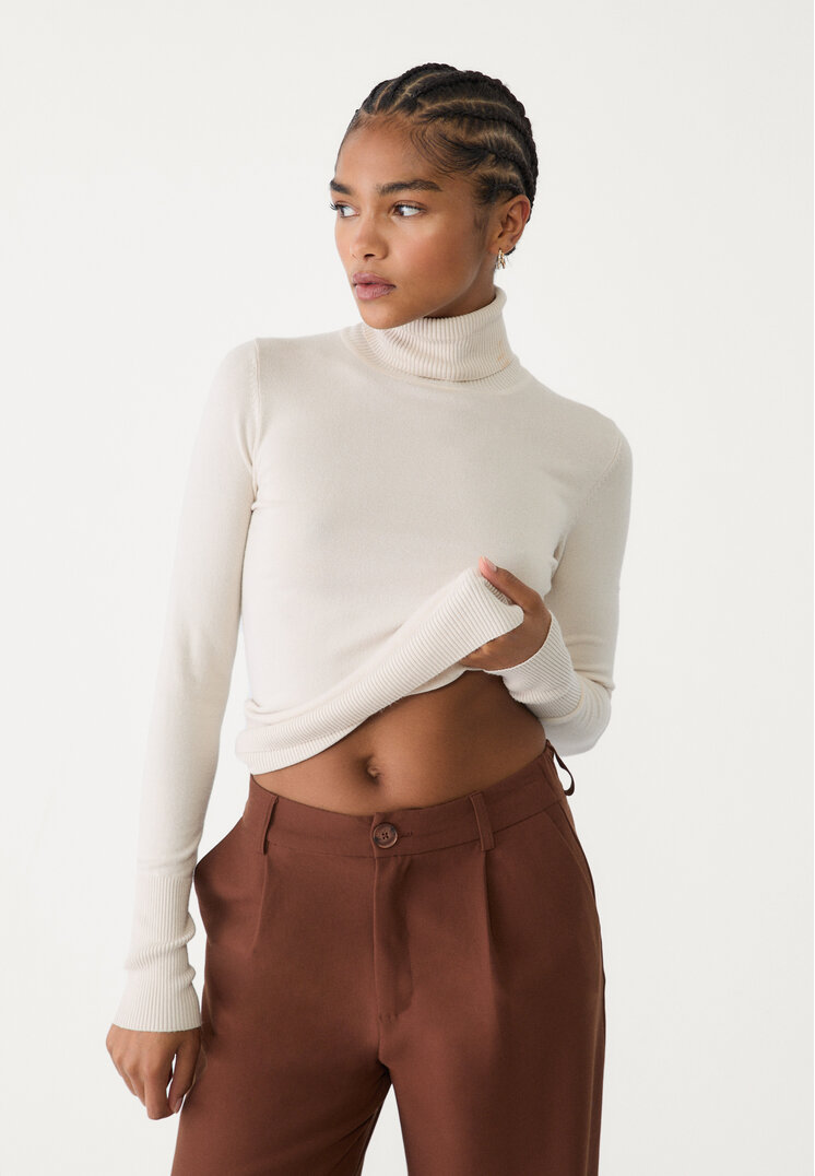 Stradivarius Pulover Din Tricot Cu Guler Întors Piatră S