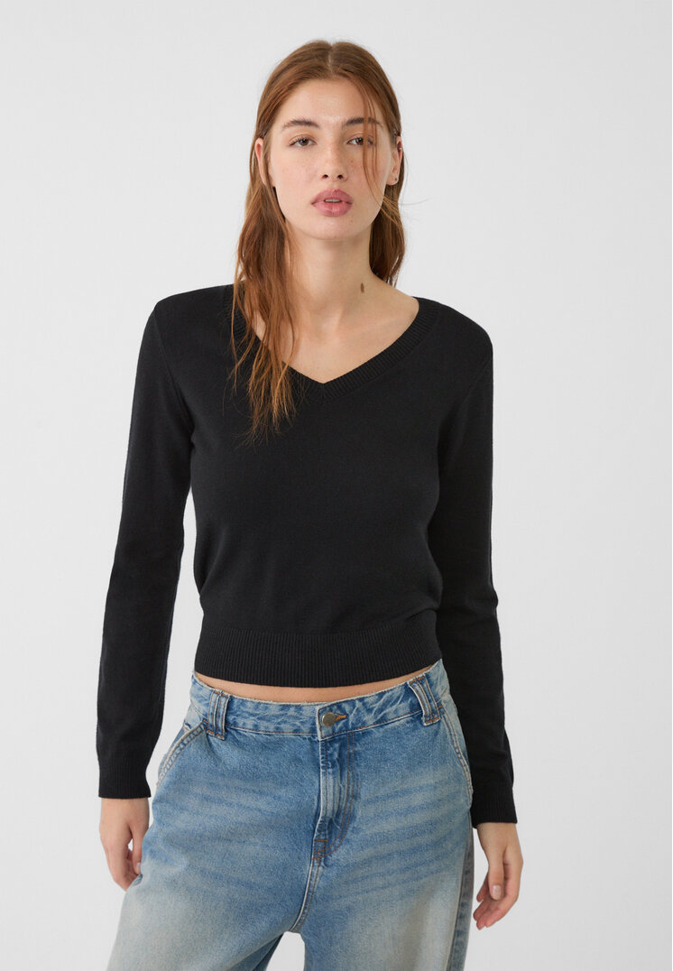 Stradivarius Pulover Simplu Din Tricot Cu Decolteu În V Negru Xs