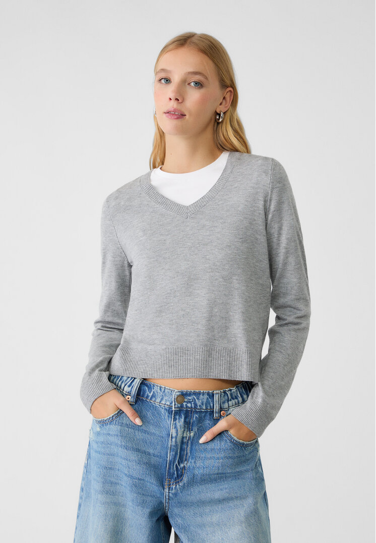Stradivarius Pulover Simplu Din Tricot Cu Decolteu În V Gris Amestec L