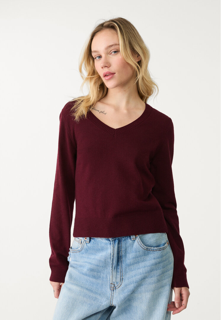 Stradivarius Pulover Simplu Din Tricot Cu Decolteu În V Mov L