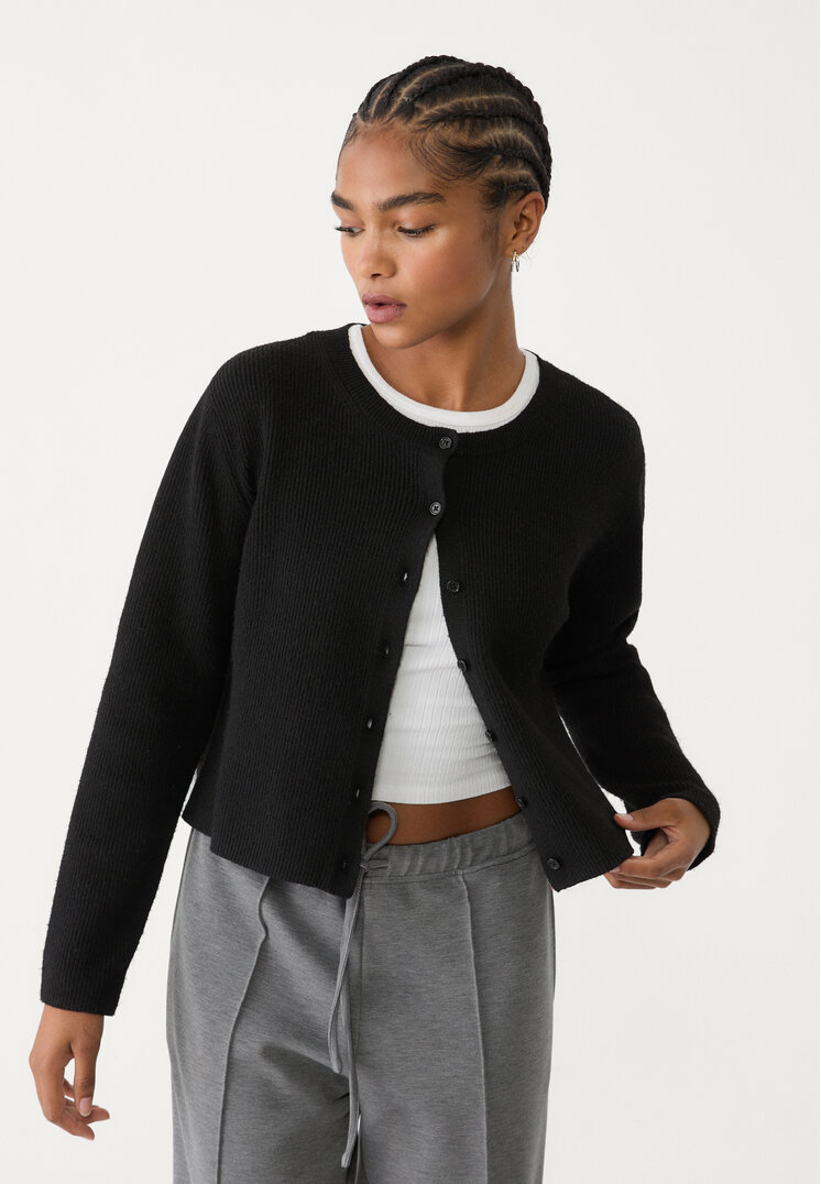 Stradivarius Jachetă Din Tricot Rib Cu Nasturi Negru M