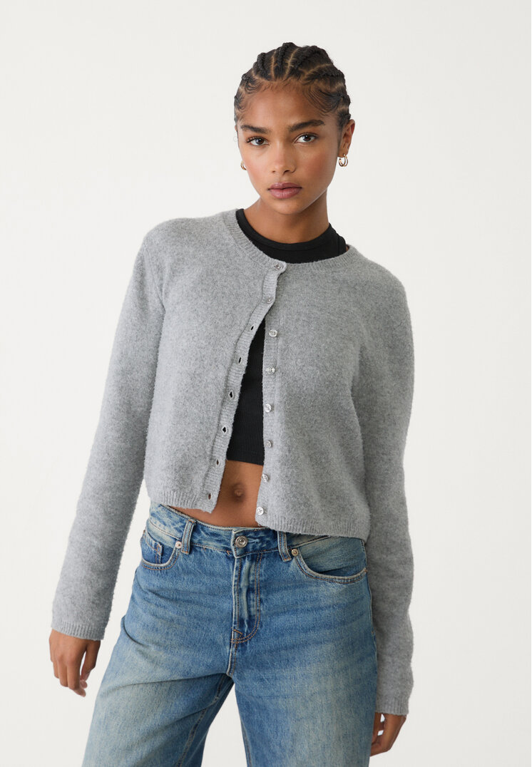 Stradivarius Jachetă Din Tricot Moale La Atingere Cu Nasturi Gris Amestec L