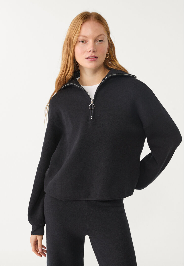 Stradivarius Pulover Din Tricot Cu Fermoar Negru L
