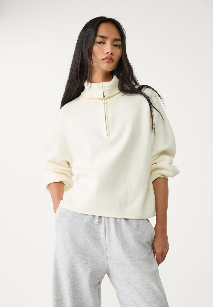 Stradivarius Pulover Din Tricot Cu Fermoar Ecru M