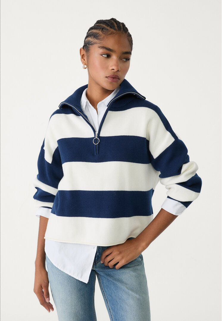 Stradivarius Pulover Din Tricot Cu Fermoar Bleumarin M