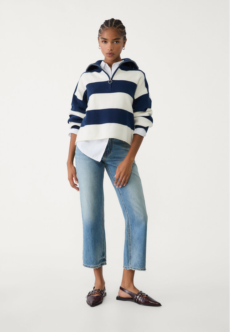 Stradivarius Knit jumper with zip Navy blue XL