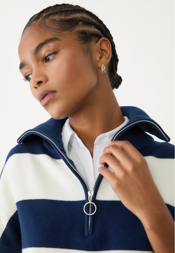Stradivarius Knit jumper with zip Navy blue XL