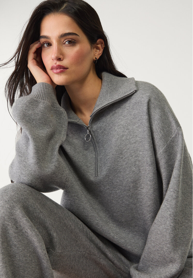 Stradivarius Pulover Din Tricot Cu Fermoar Gri Închis S