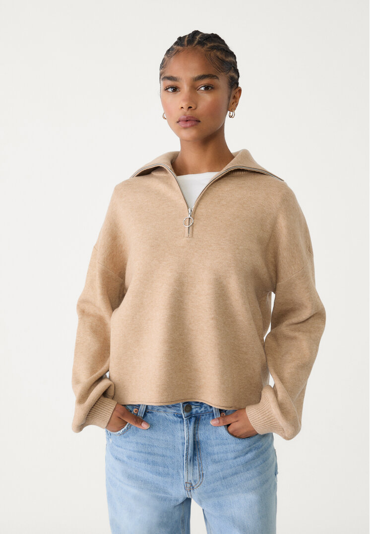 Stradivarius Pulover Din Tricot Cu Fermoar Bej Melange Xs