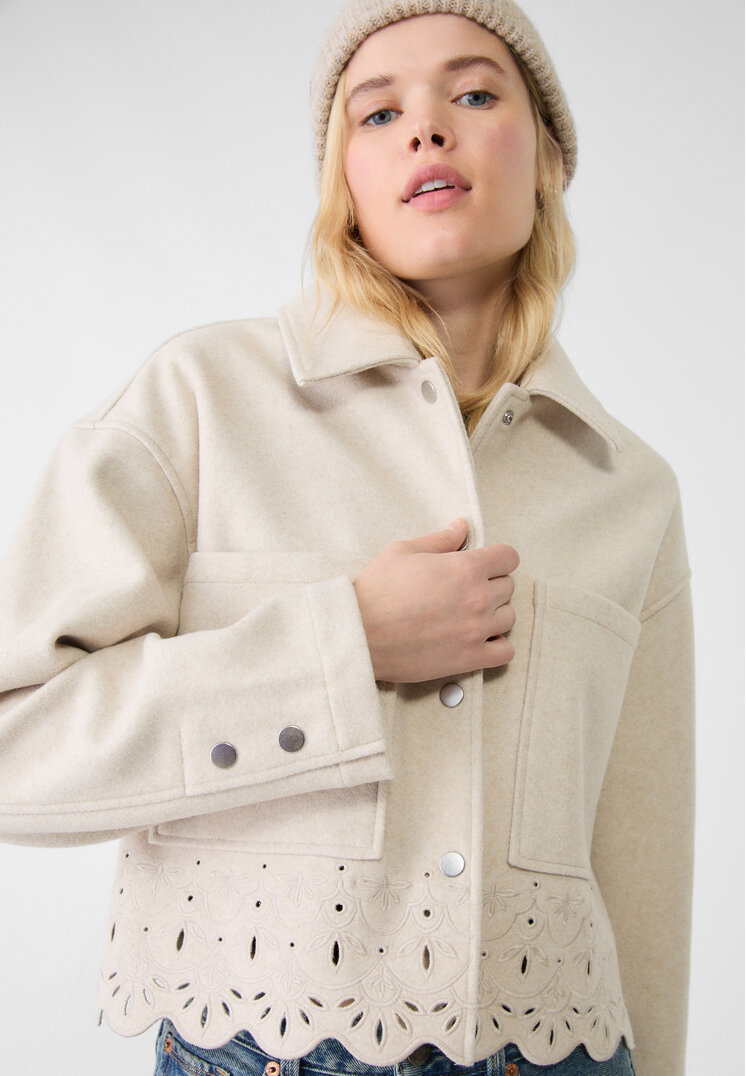 Stradivarius Geacă Scurtă Soft Cu Broderie Ecru Xl