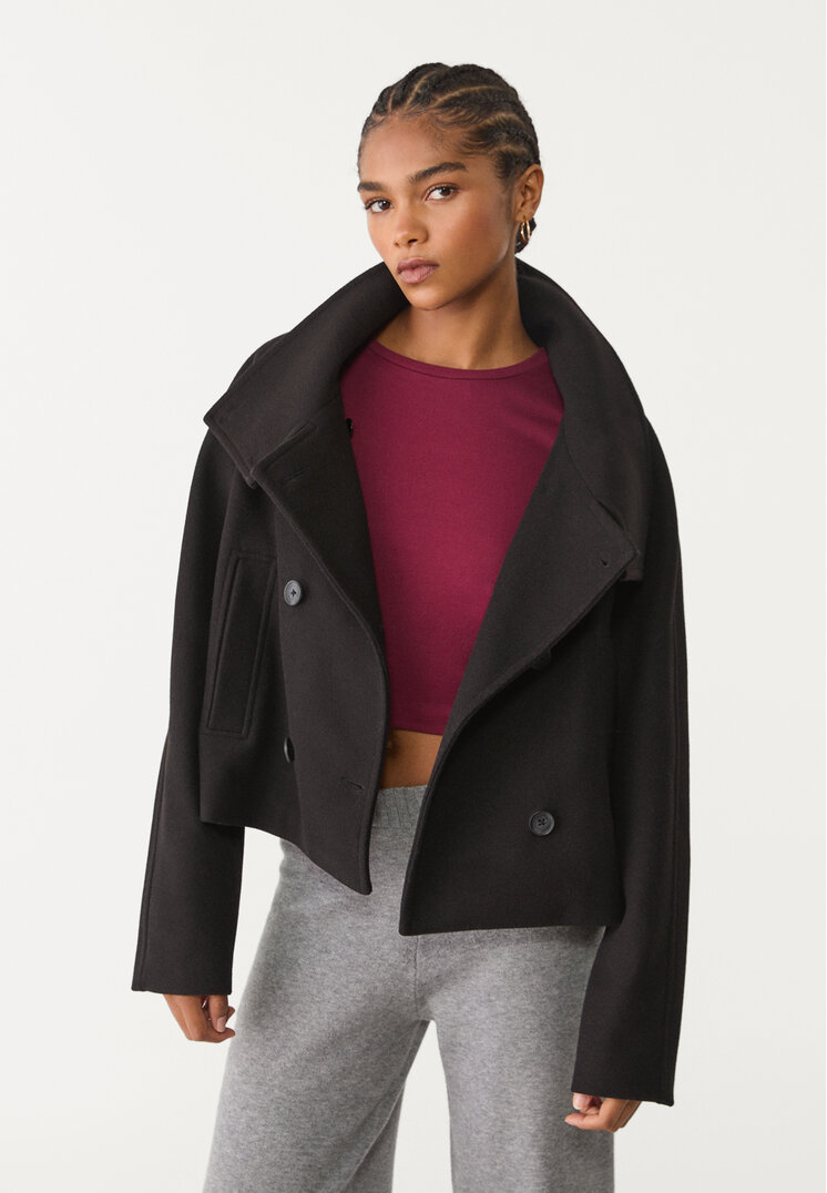 Stradivarius Palton Scurt Petrecut Cu Guler Înalt Negru M