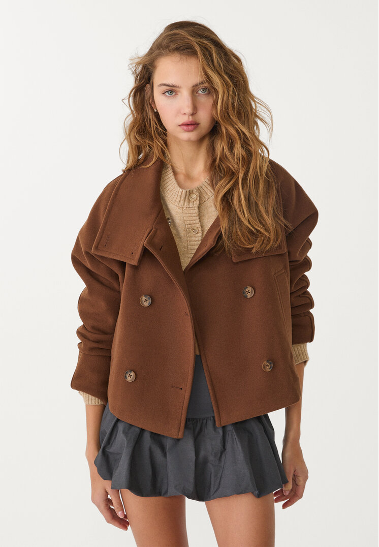 Stradivarius Short double-breasted high neck coat Brown S