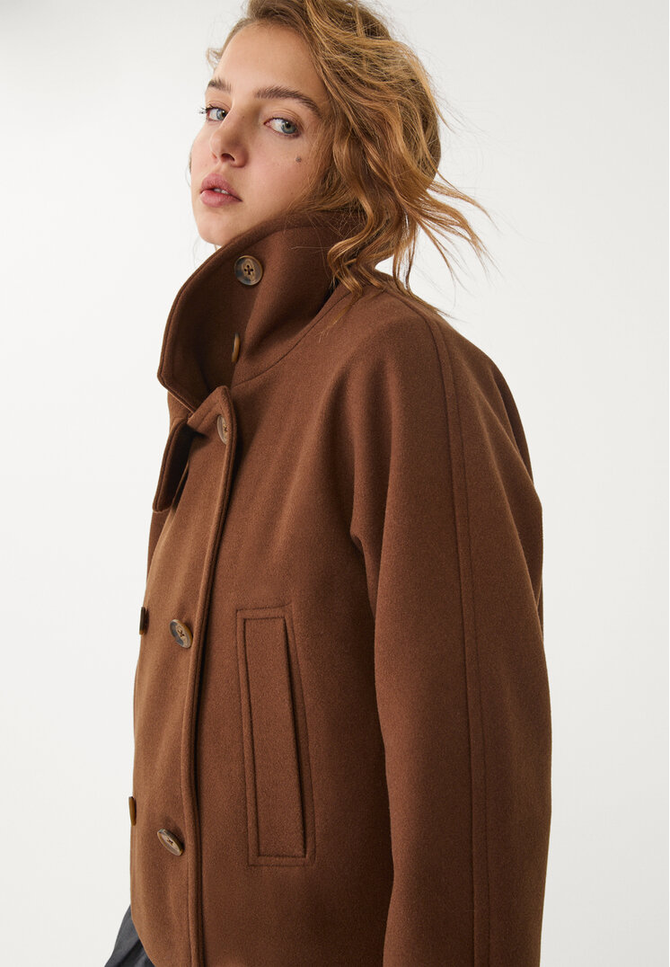 Stradivarius Short double-breasted high neck coat Brown S