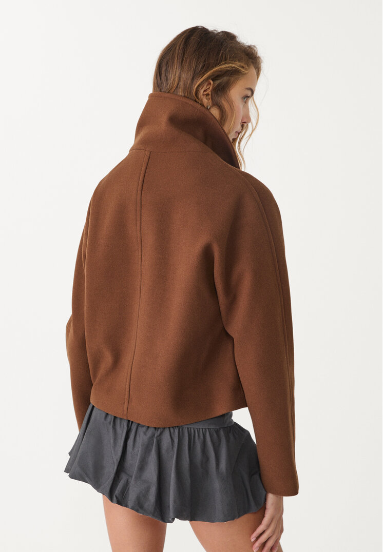 Stradivarius Short double-breasted high neck coat Brown S