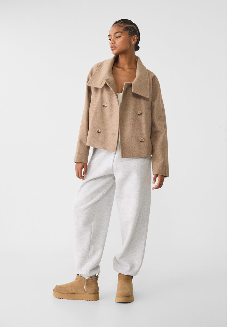 Stradivarius Short double-breasted high neck coat Beige melange XL