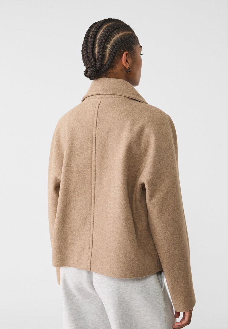 Stradivarius Short double-breasted high neck coat Beige melange XL