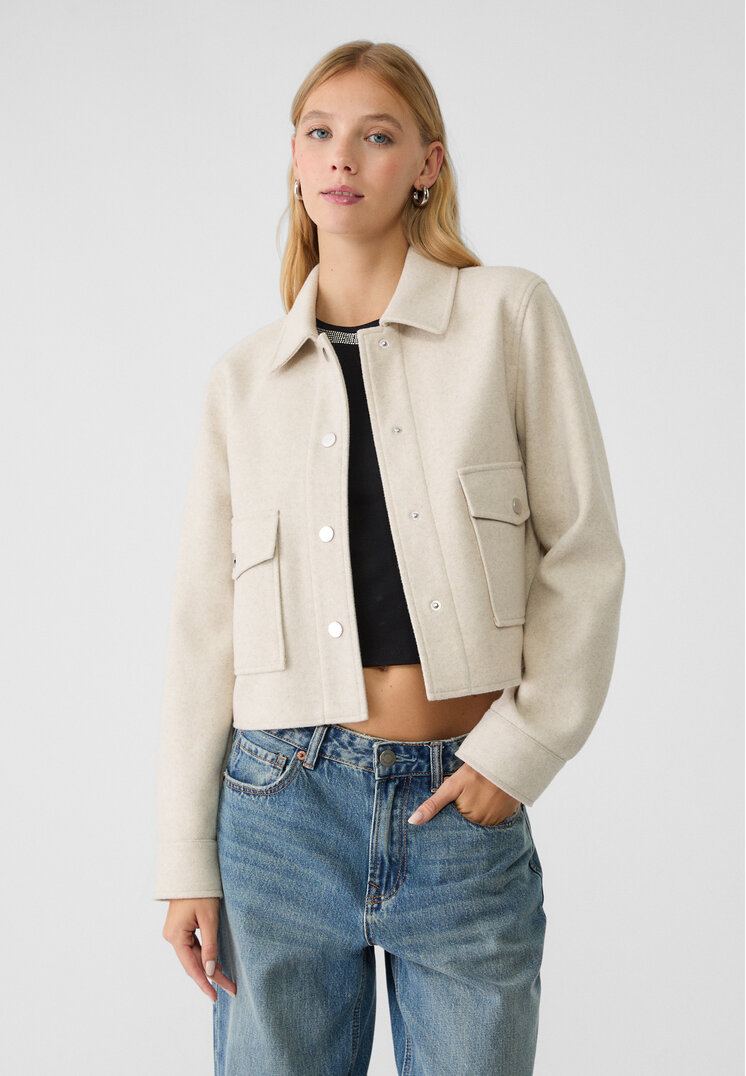 Stradivarius Geacă Scurtă Soft Ecru M