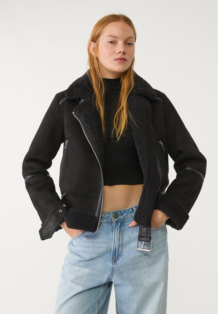 Stradivarius Geacă Biker Cu Două Fețe Din Imitație De Piele De Căprioară Negru L
