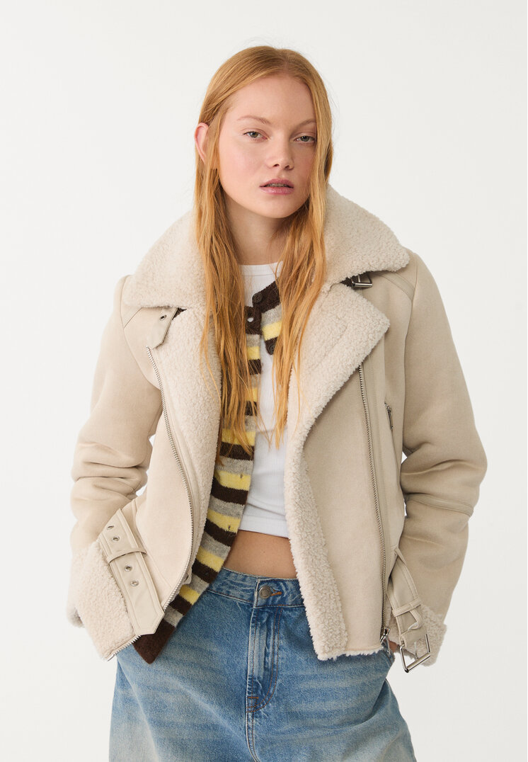 Stradivarius Geacă Biker Cu Două Fețe Din Imitație De Piele De Căprioară Ecru S