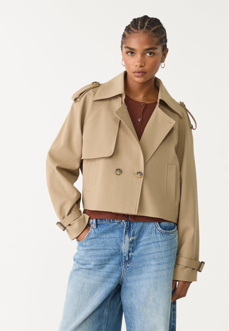 Stradivarius Trenci Vaporos Scurt Elegant Kaki Xl