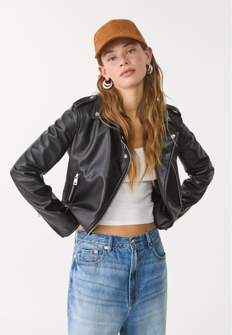 Stradivarius Geacă Biker Din Imitație De Piele Negru S