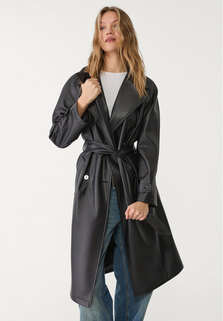 Stradivarius Trenci Lung Cu Aspect De Piele Negru Xl